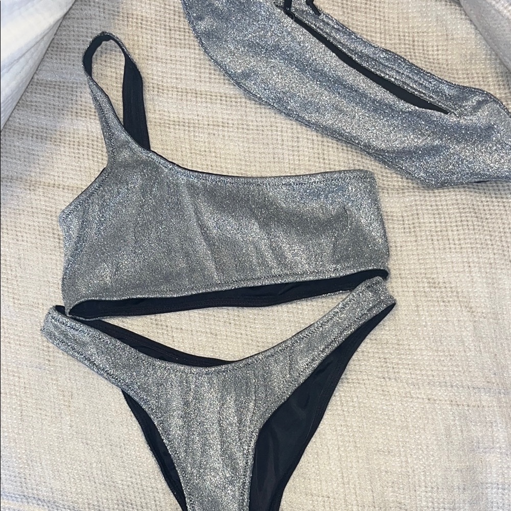 Silver One-Shoulder Bikini Set